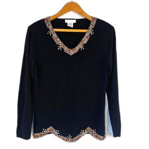 Adore‎ Embellished Beaded Knit Sweater Dressy Boho Chic Black Size Medium